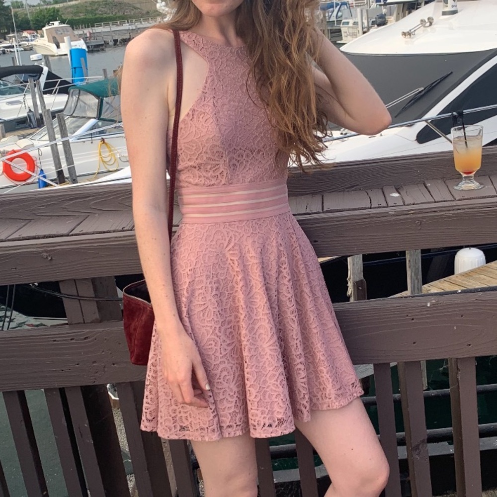 City Studio dusty pink lace mini skater dress with a high neck and mesh waist